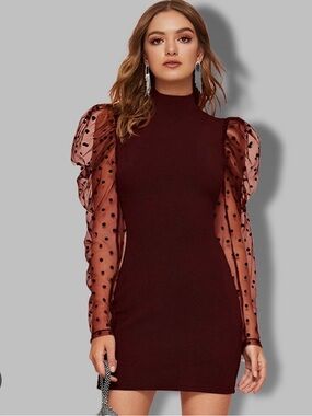 SHEIN Burgundy Mini Dress with Sheer Polka Dot Puff Sleeves